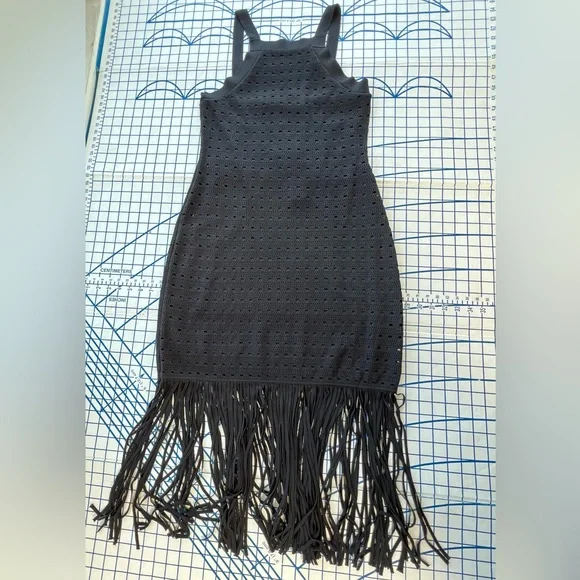 house of harlow black fringe dress House of Harlow Knit Crochet Fringe Hem Midi Dress Black Small